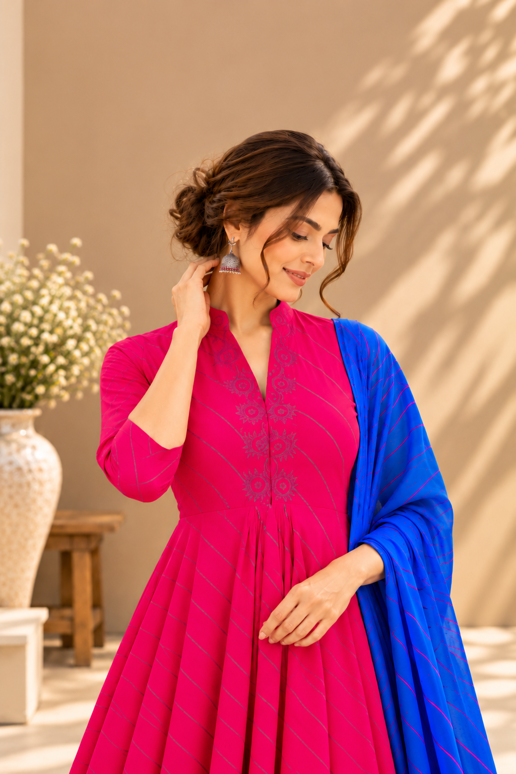 Pink Leheriya Pure Cotton Chanderi 3-Piece Kurta Set