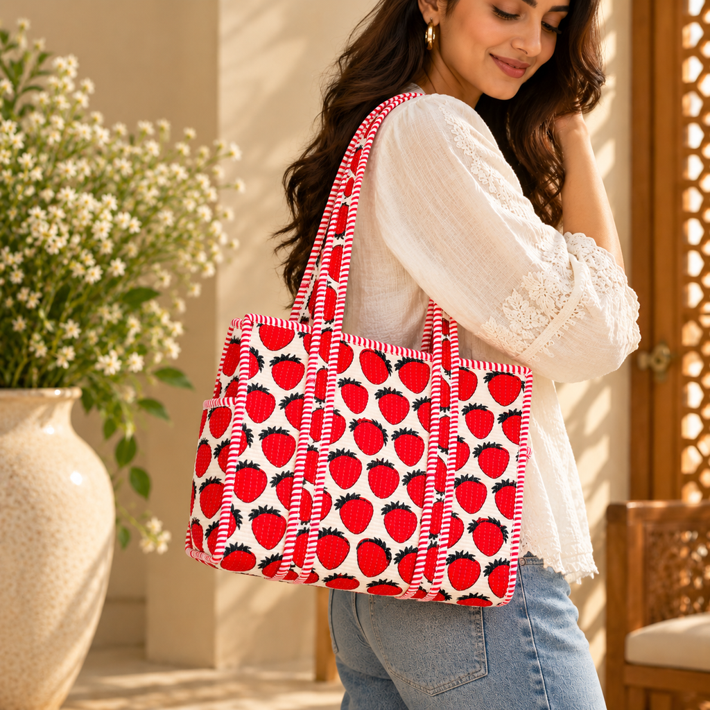 Red & White Strawberry Print Quilted Tote Bag