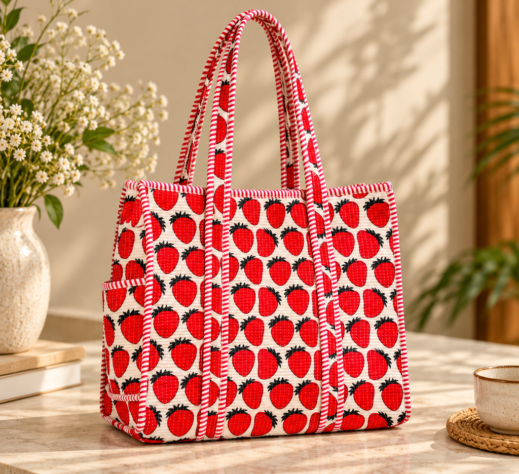 Red & White Strawberry Print Quilted Tote Bag
