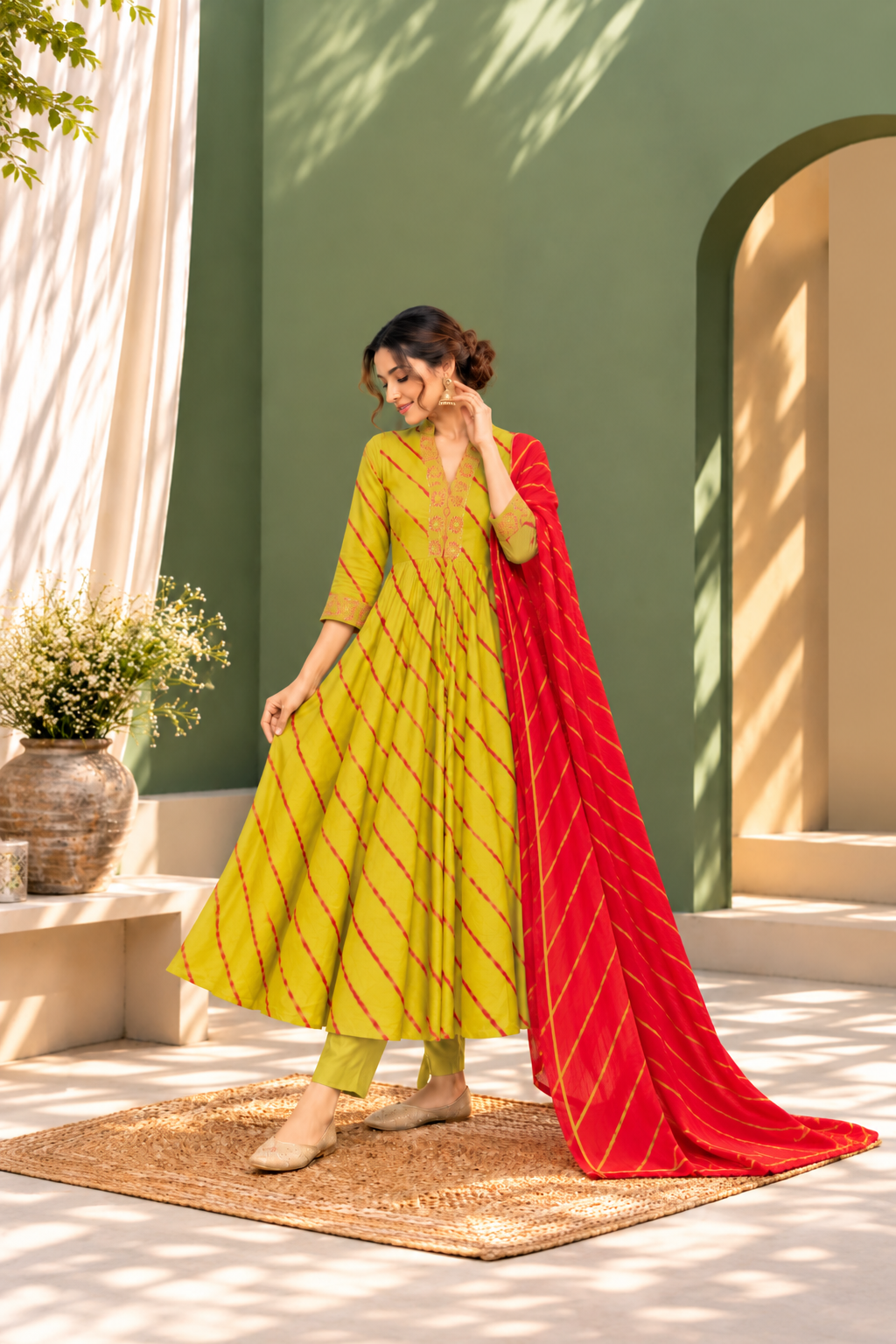 Green Leheriya Pure Cotton Chanderi 3-Piece Kurta Set