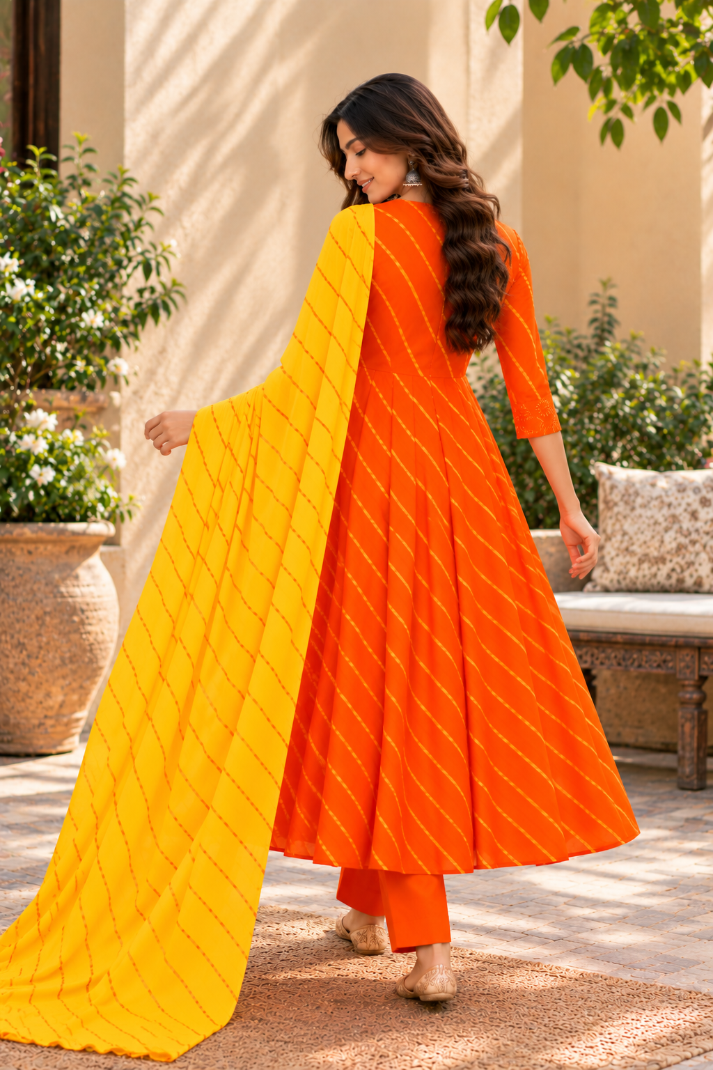 Orange Leheriya Pure Cotton Chanderi 3-Piece Kurta Set