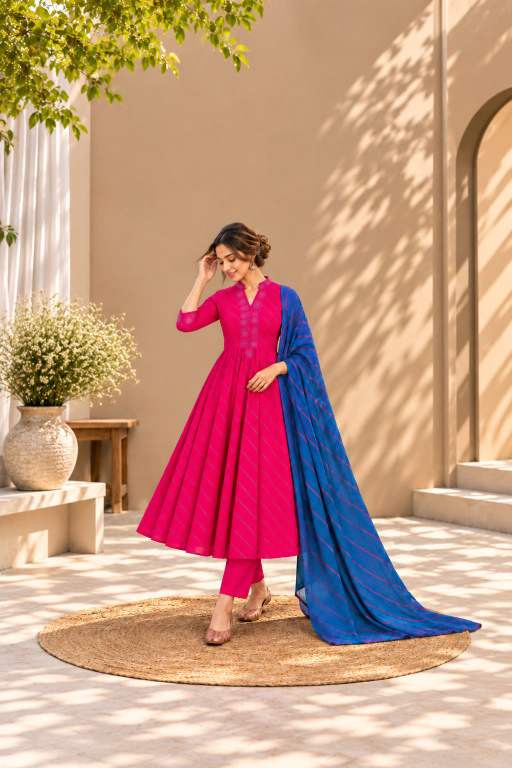 Pink Leheriya Pure Cotton Chanderi 3-Piece Kurta Set