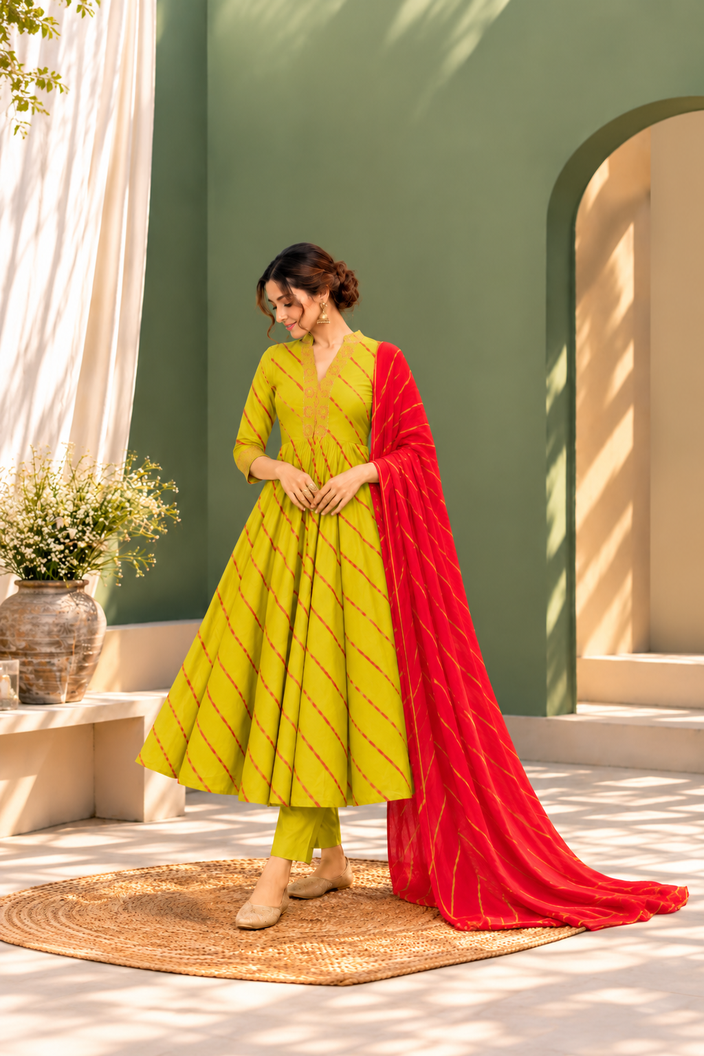 Green Leheriya Pure Cotton Chanderi 3-Piece Kurta Set