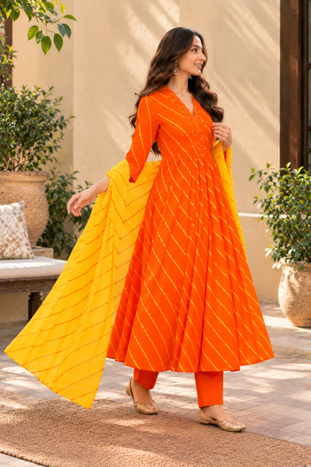 Orange Leheriya Pure Cotton Chanderi 3-Piece Kurta Set