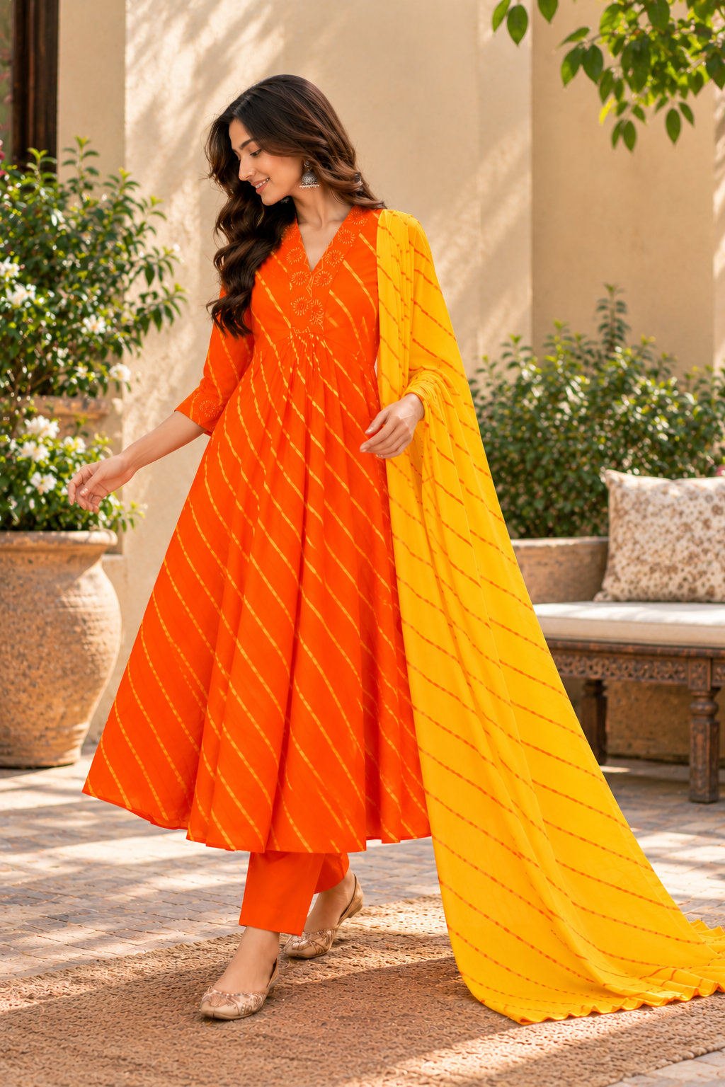 Orange Leheriya Pure Cotton Chanderi 3-Piece Kurta Set