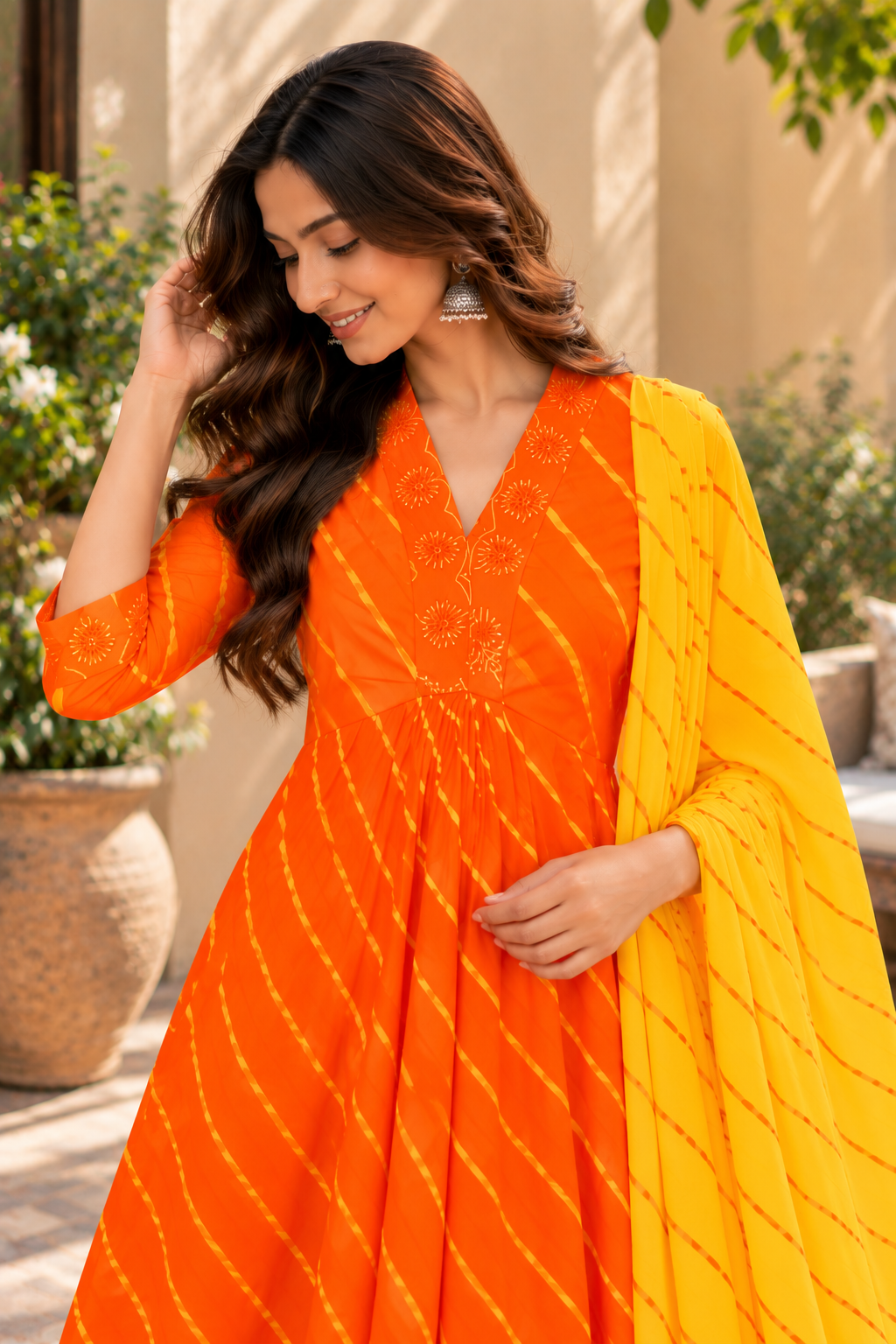 Orange Leheriya Pure Cotton Chanderi 3-Piece Kurta Set