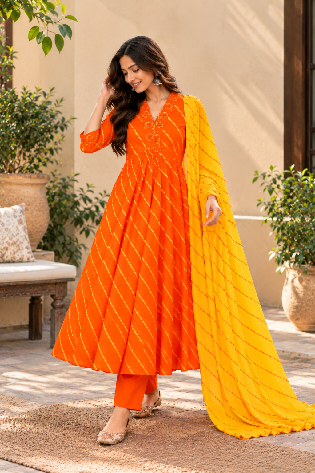 Orange Leheriya Pure Cotton Chanderi 3-Piece Kurta Set