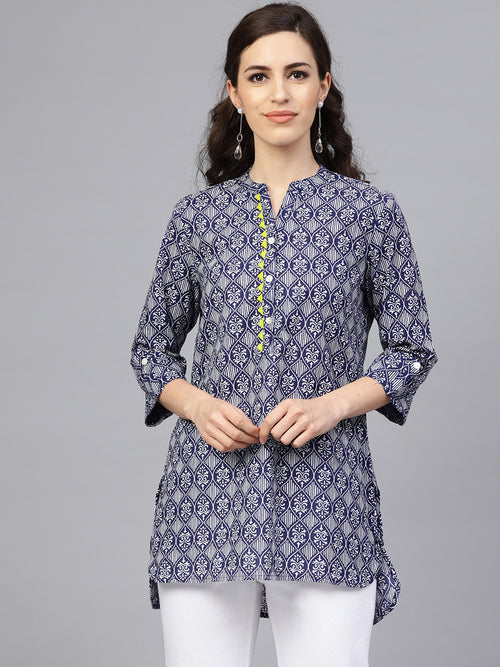 Blue Hand Block Printed Short Cotton Tunic