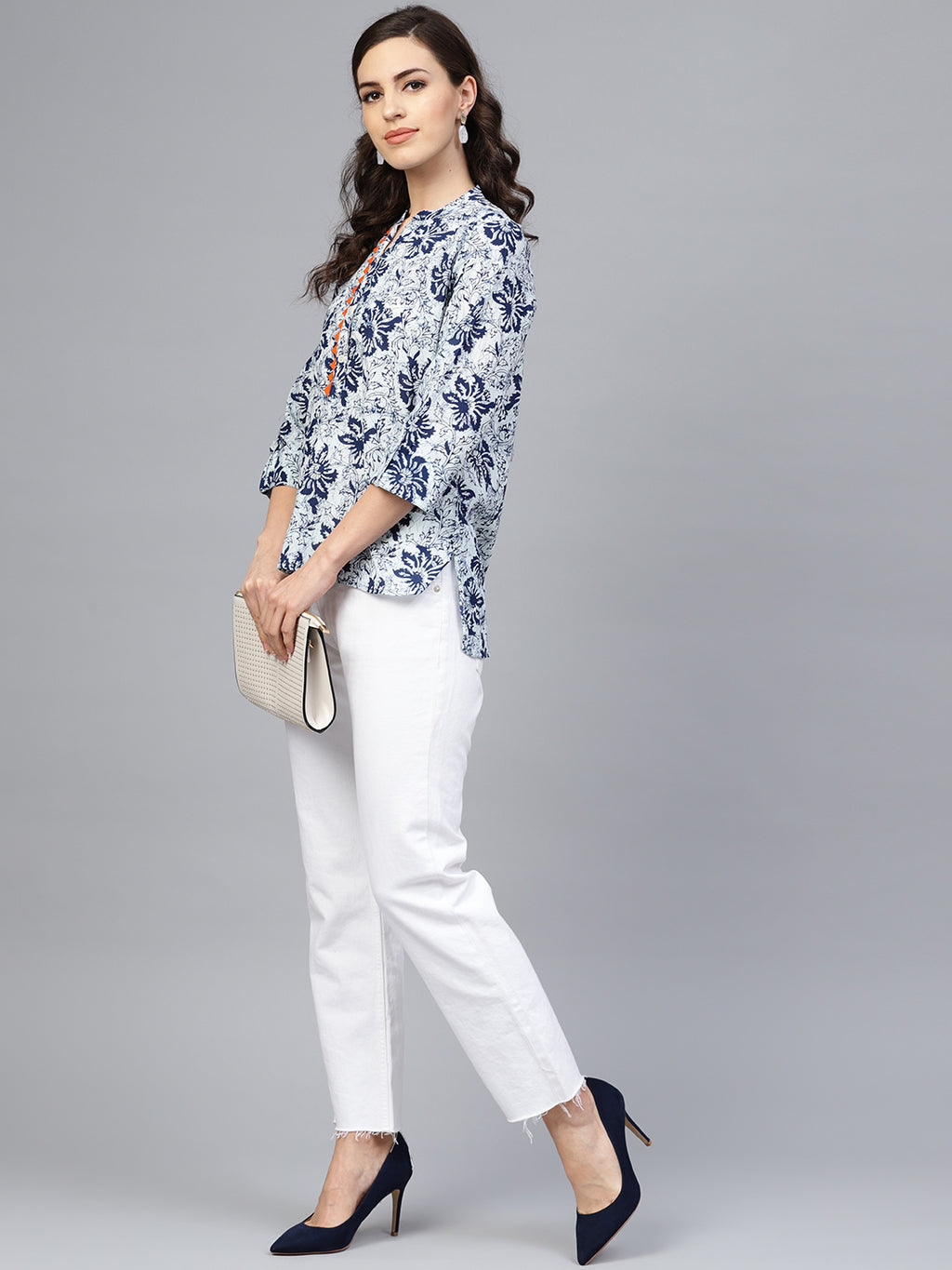 White Hand Block Printed Short Cotton Tunic