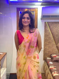 White Pink Shaded Hand Painted Floral Chiffon Saree