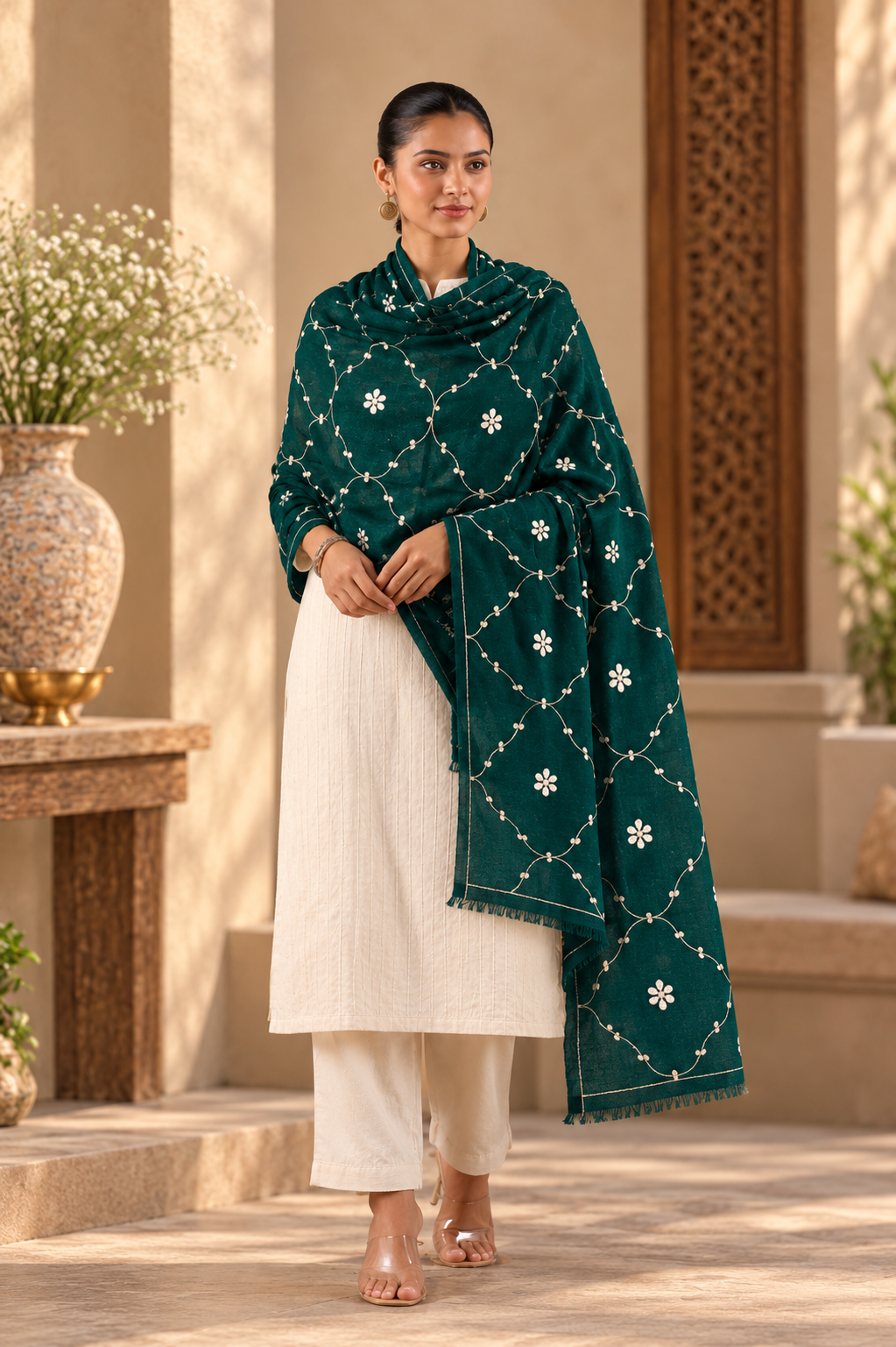 Dark Green Handcrafted Gota Patti Embroidered Woolen Shawl