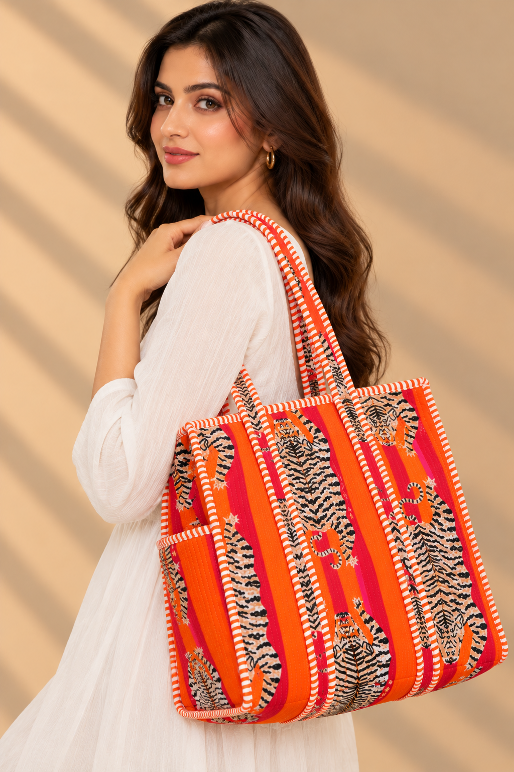 Orange & Pink Animal Printed Quilted Tote Bag
