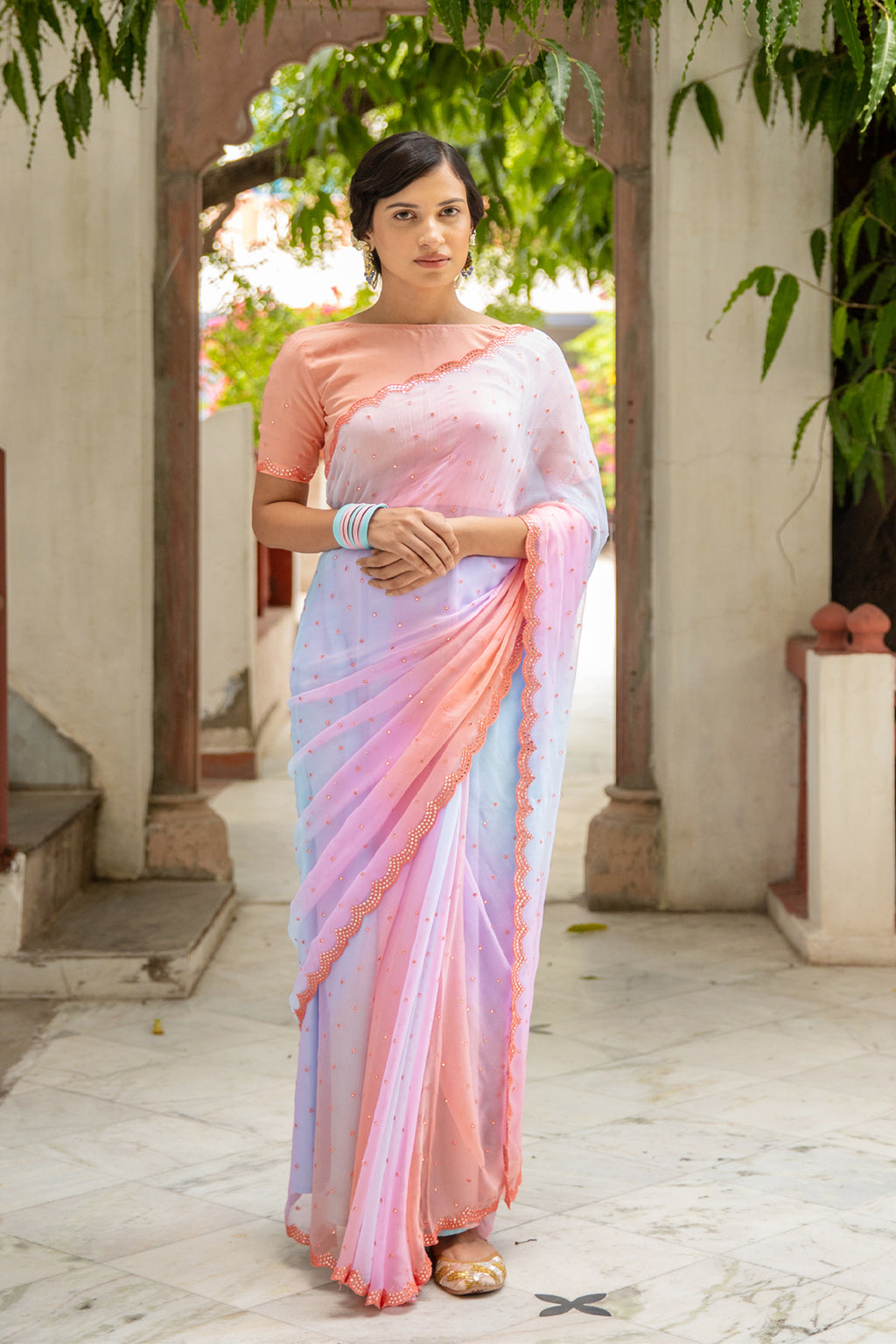 Multicolor Mirror Work Hand Embroidered Chiffon Saree