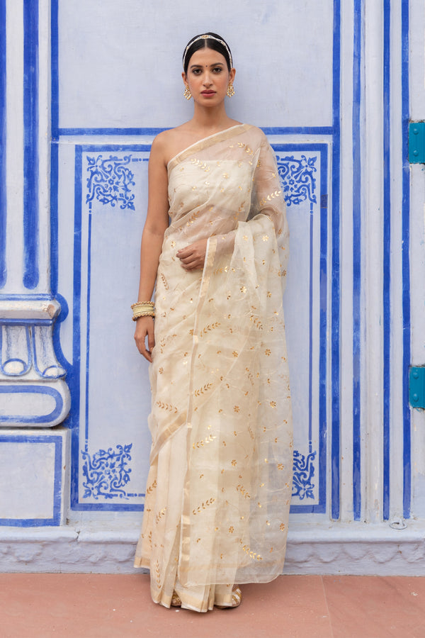 Off White Hand Embroidered Gota Patti Pure Kota Silk Saree