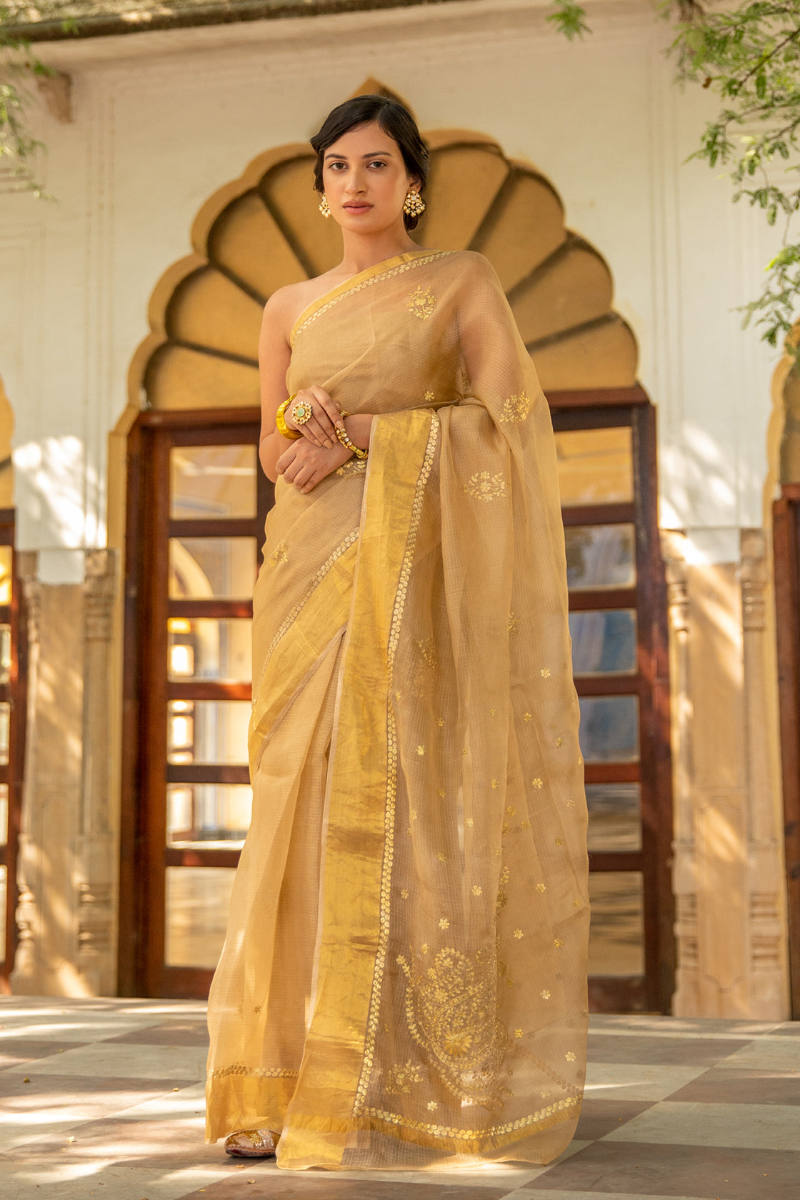 Beige Handcrafted Pure Kota Silk Saree