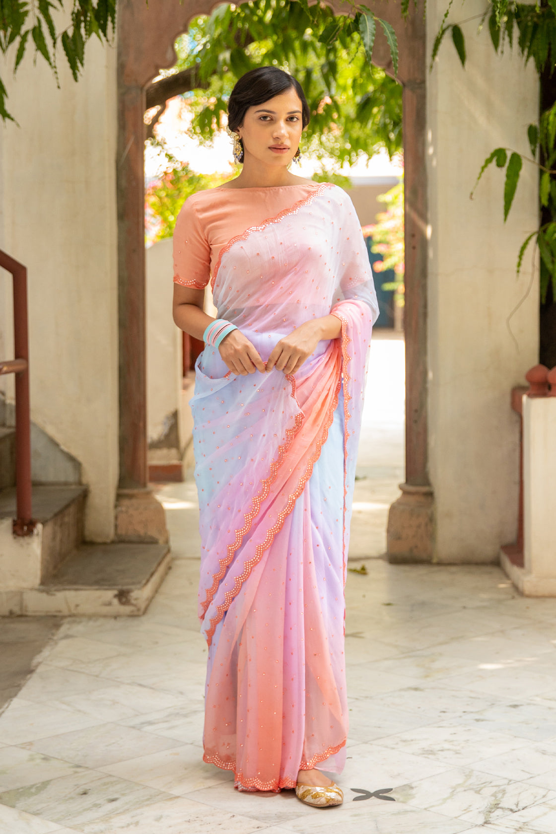 Multicolor Mirror Work Hand Embroidered Chiffon Saree