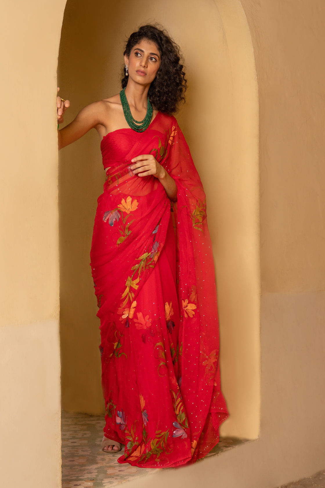 Red Hand-Painted Chiffon Saree