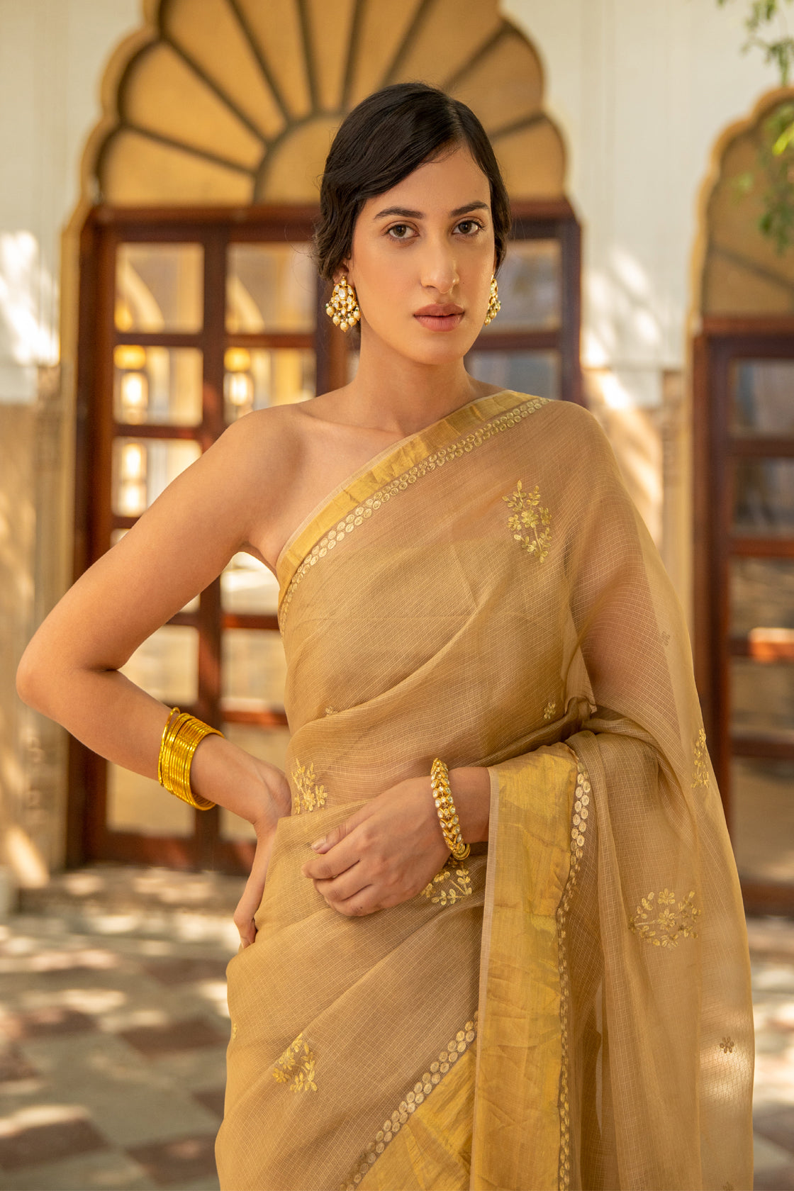 Beige Handcrafted Pure Kota Silk Saree