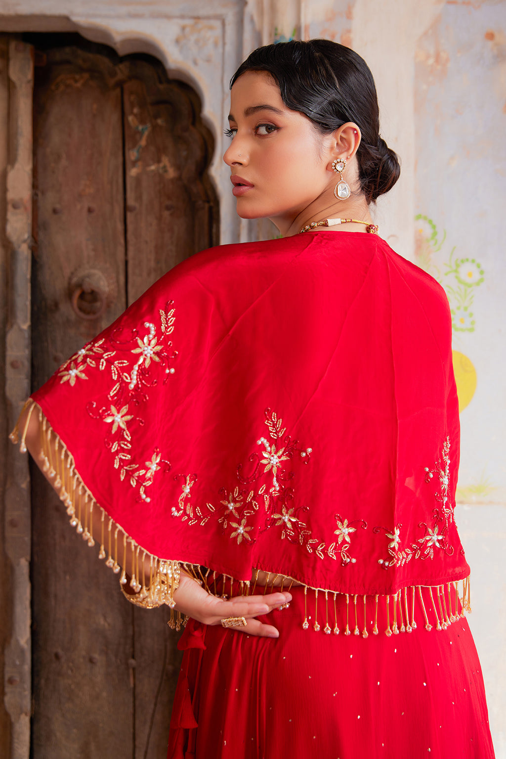 Red Hand-Embroidered Cape Top