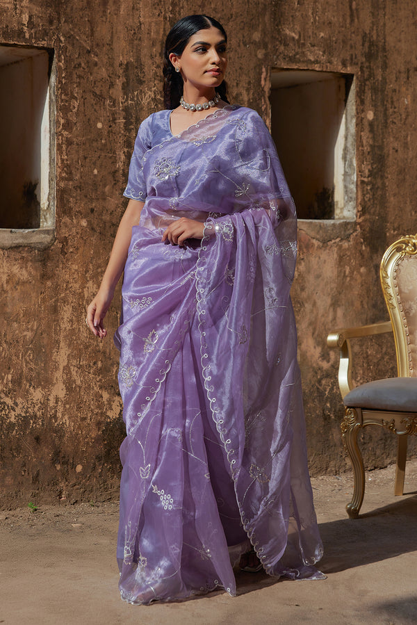 Mauve Hand Embroidered Pure Tissue Saree