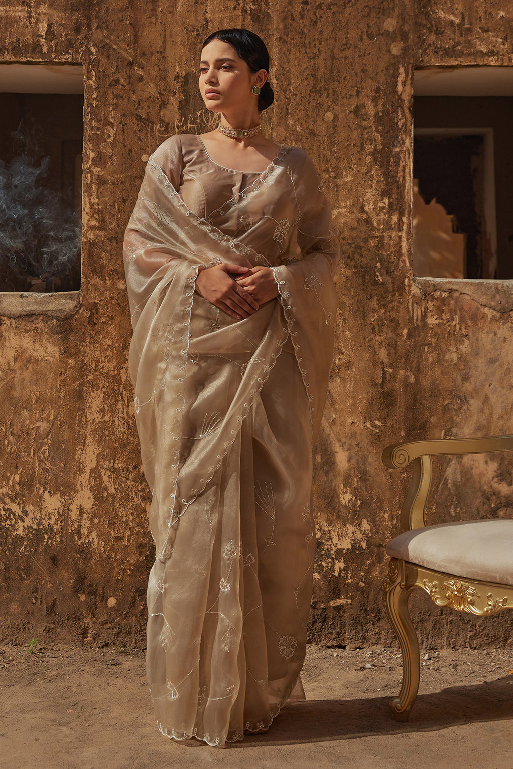 Metallic Taupe Pure Tissue Saree With Intricate Embroidery