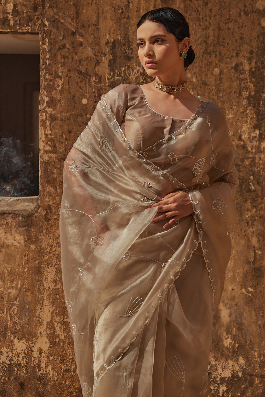 Metallic Taupe Pure Tissue Saree With Intricate Embroidery