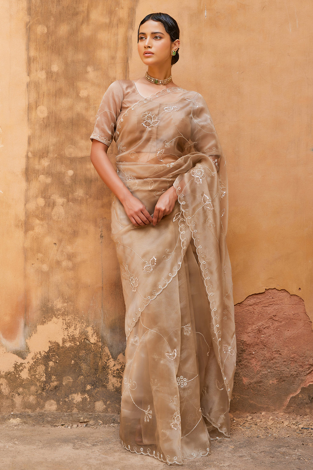 Metallic Taupe Pure Tissue Saree With Intricate Embroidery