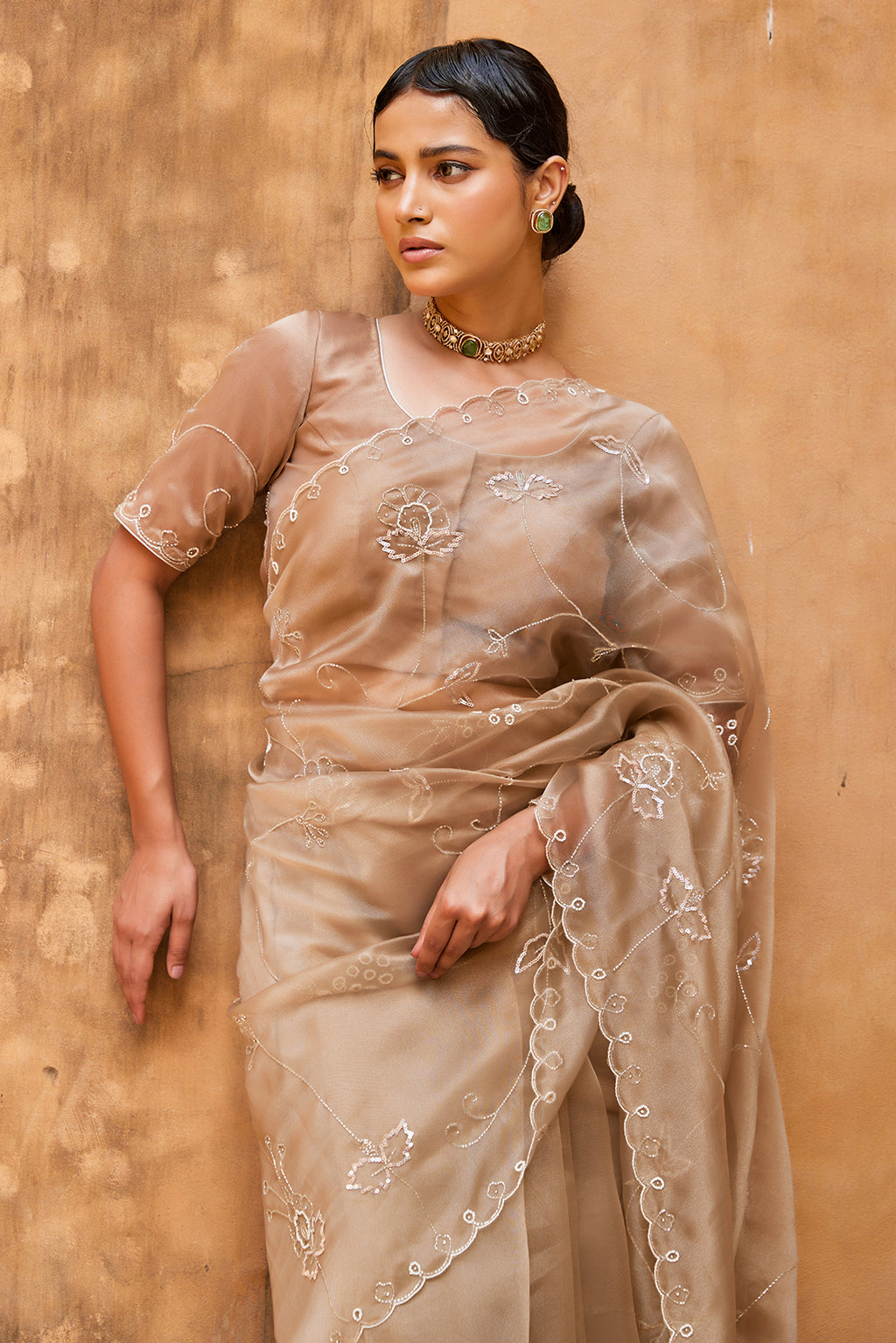 Metallic Taupe Pure Tissue Saree With Intricate Embroidery