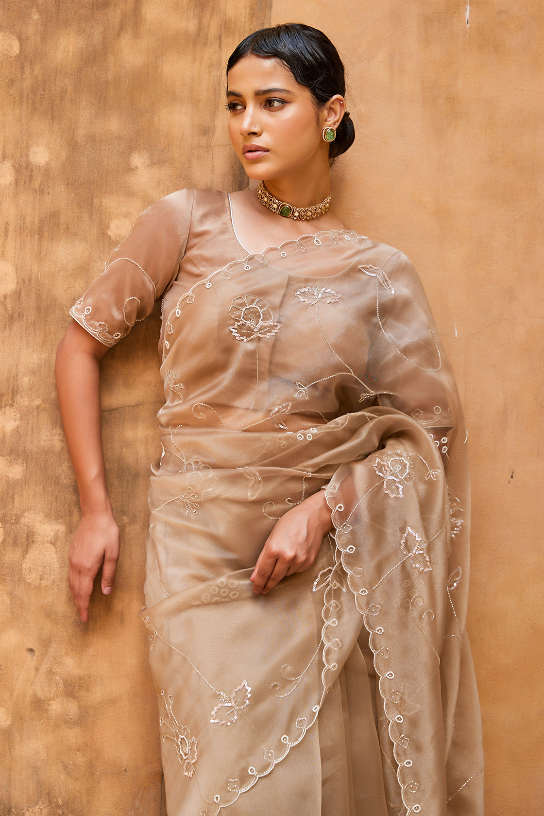 Metallic Taupe Pure Tissue Saree With Intricate Embroidery