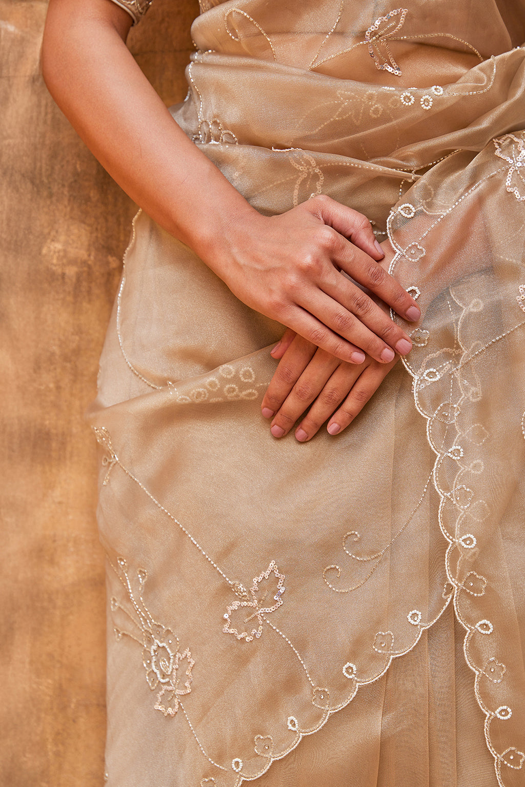 Metallic Taupe Pure Tissue Saree With Intricate Embroidery
