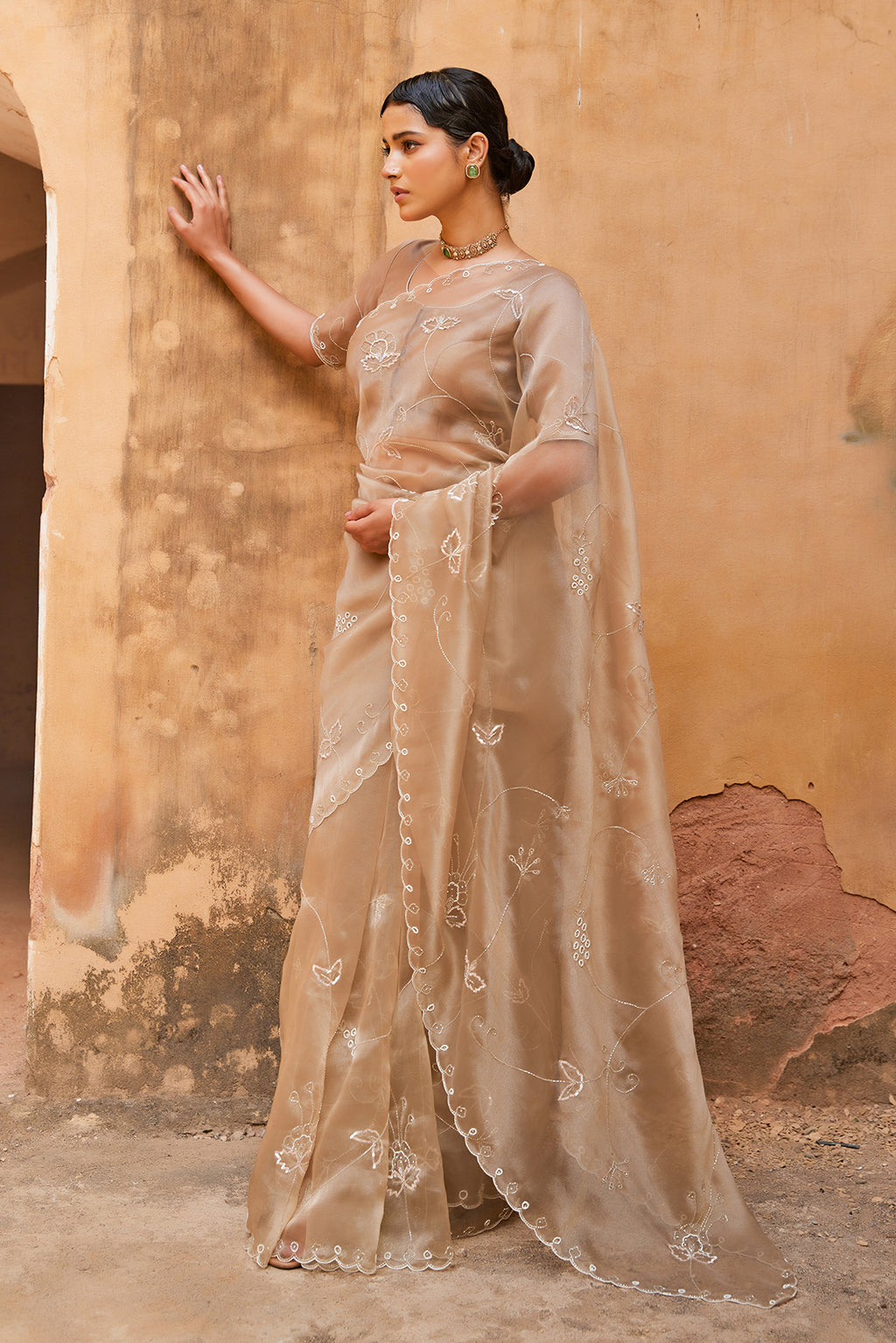 Metallic Taupe Pure Tissue Saree With Intricate Embroidery