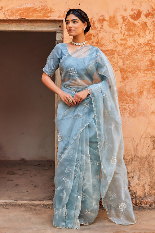 Blue Pure Tissue Saree With Intricate Embroidery