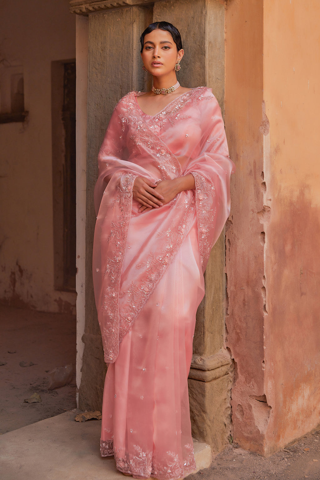 Peach Pure Tissue Saree With Intricate Embroidery