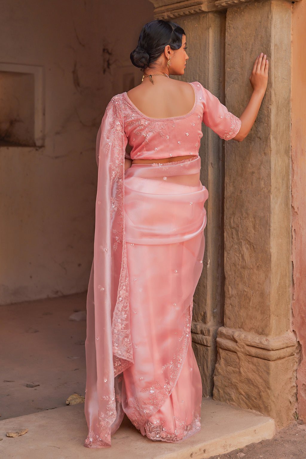 Peach Pure Tissue Saree With Intricate Embroidery