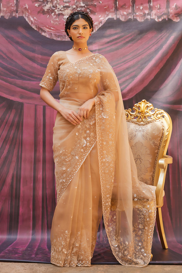 Champagne Gold Pure Tissue Saree with Intricate Embroidery
