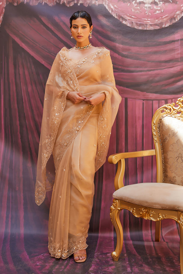 Antique Gold Pure Tissue Saree with Zardozi work