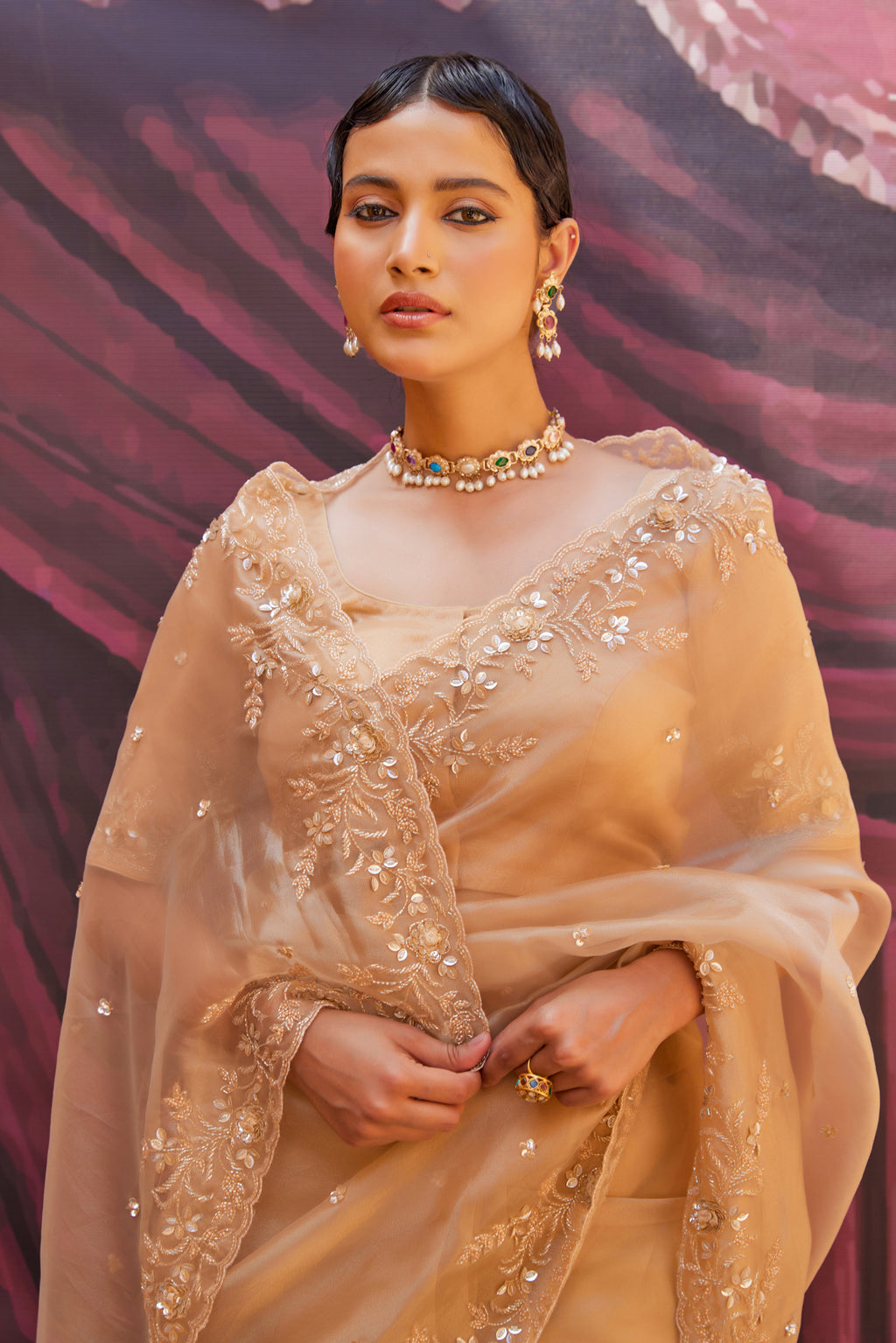 Antique Gold Pure Tissue Saree With Zardozi Work