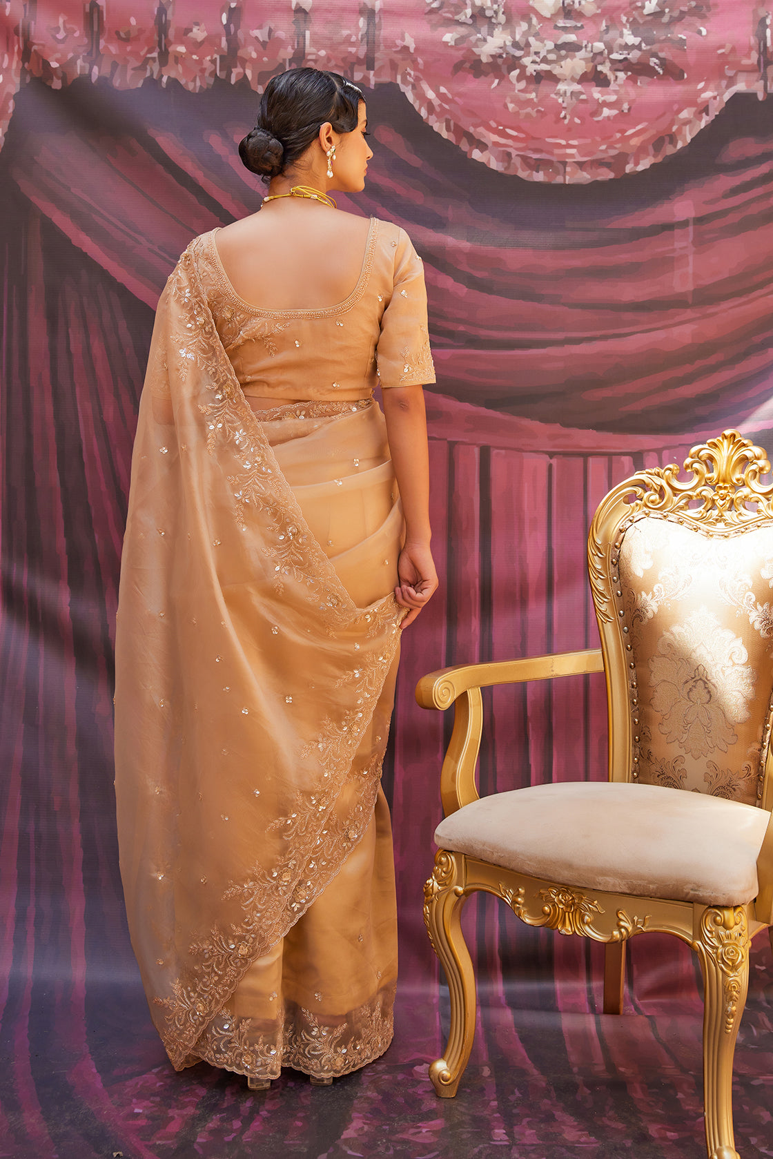 Antique Gold Pure Tissue Saree With Zardozi Work