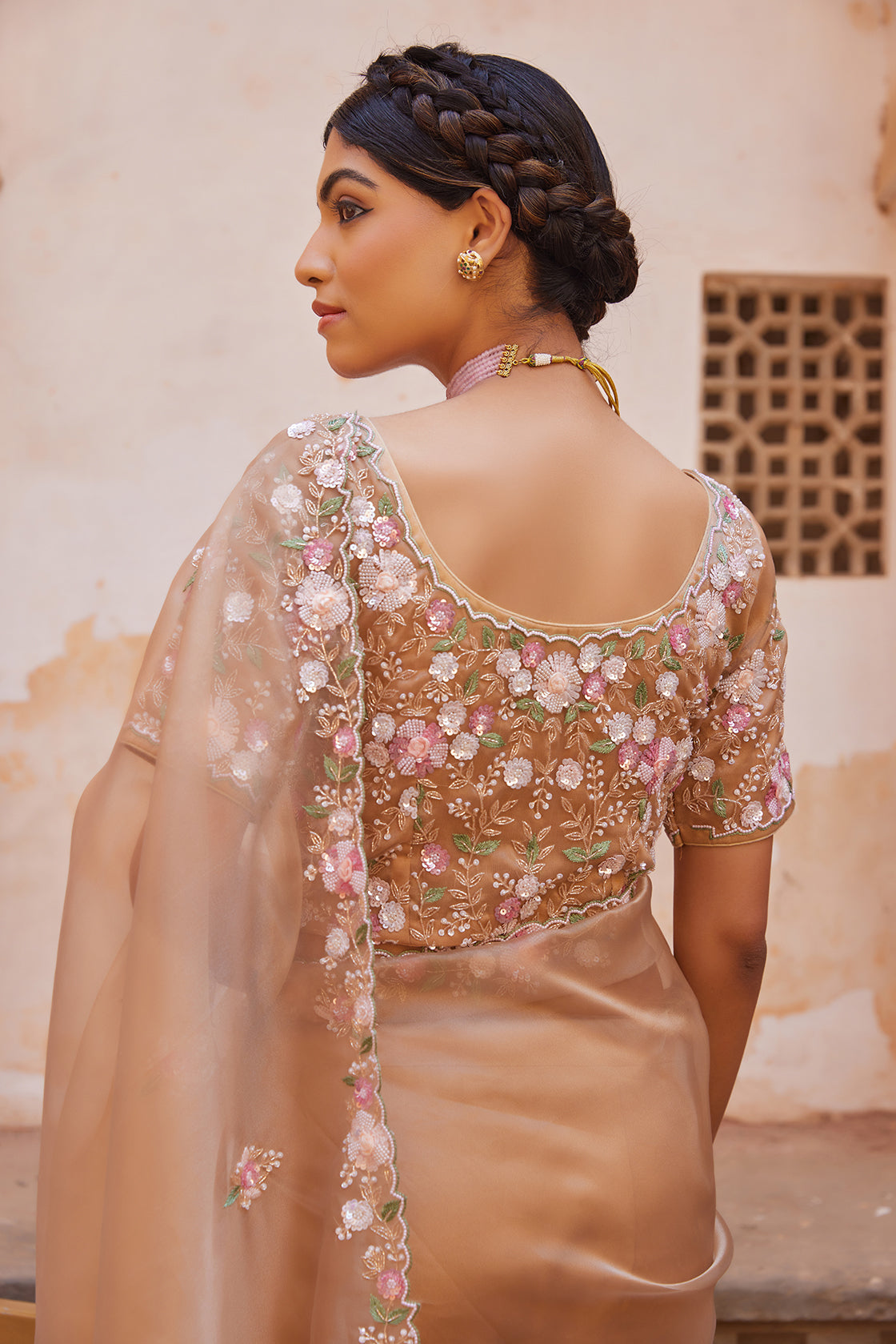Antique Gold Pure Tissue Saree With Heavy Embroidered Blouse