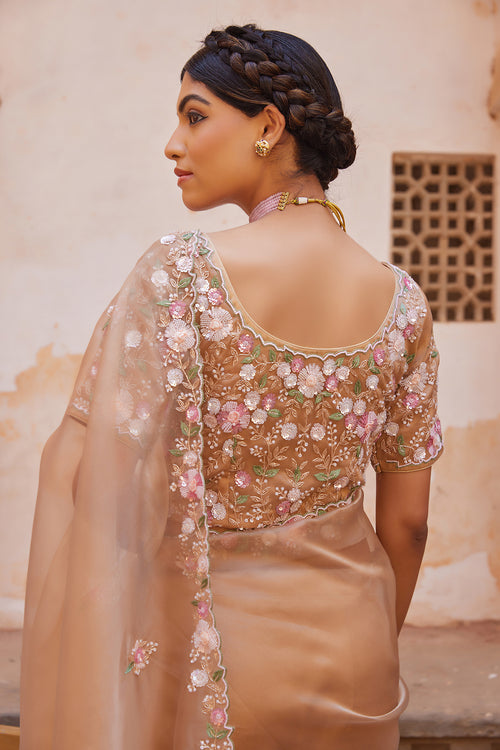 Antique Gold Pure Tissue Saree With Heavy Embroidered Blouse