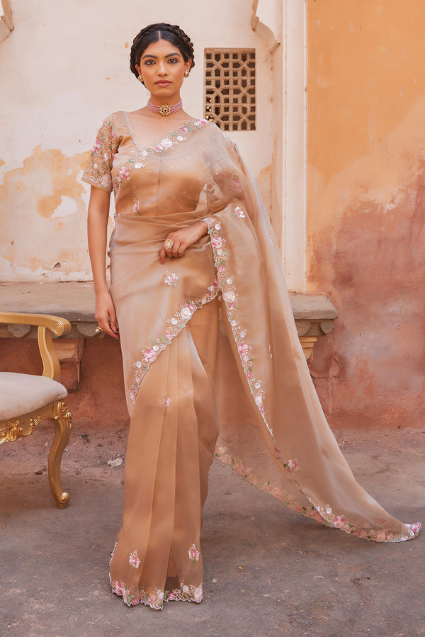 Antique Gold Pure Tissue Saree with Heavy Embroidered Blouse