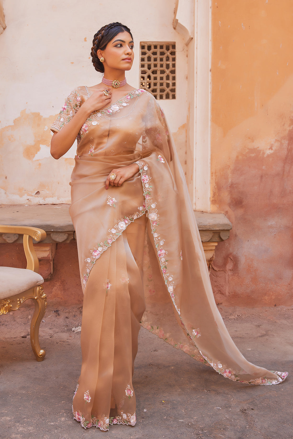 Antique Gold Pure Tissue Saree With Heavy Embroidered Blouse