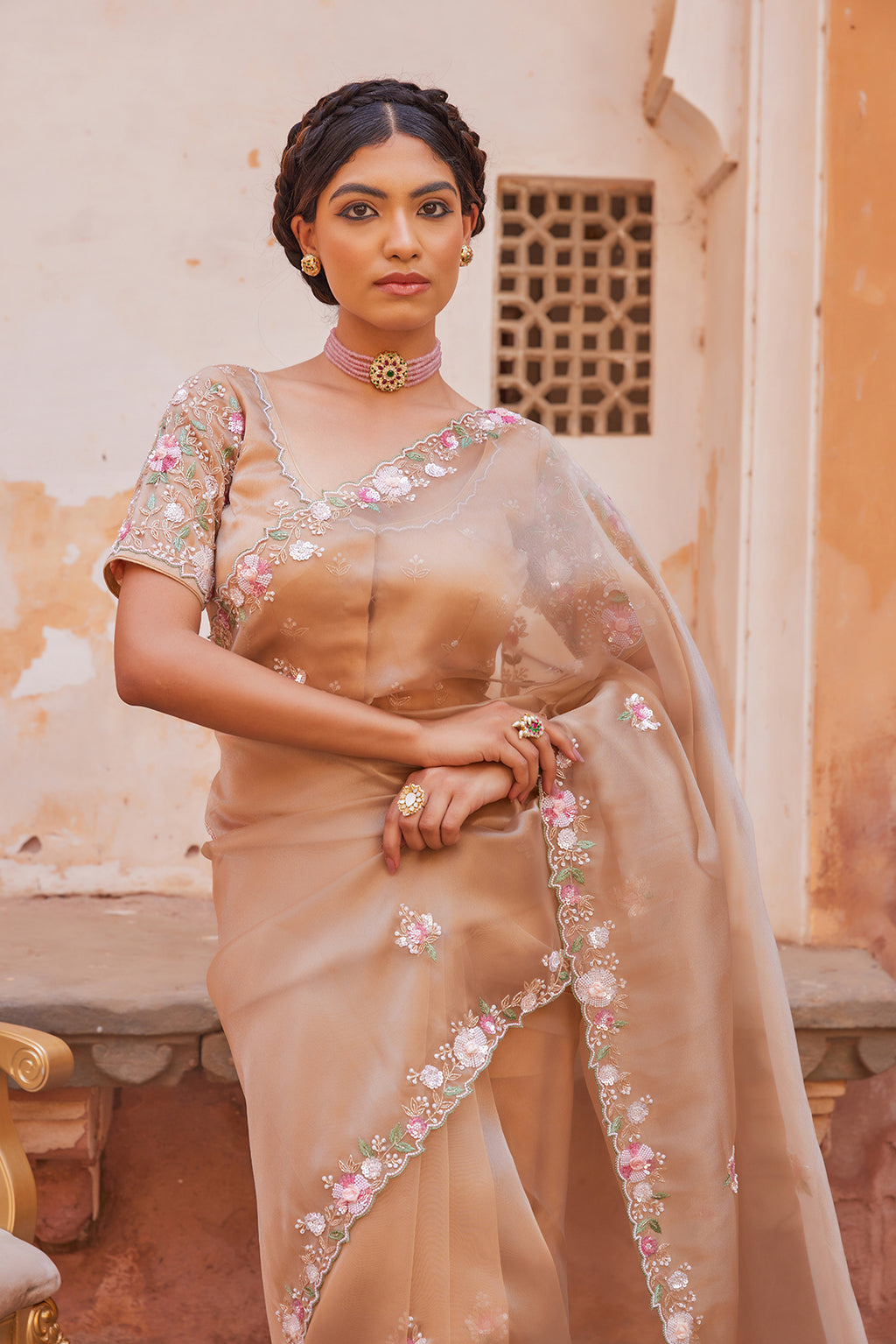 Antique Gold Pure Tissue Saree With Heavy Embroidered Blouse