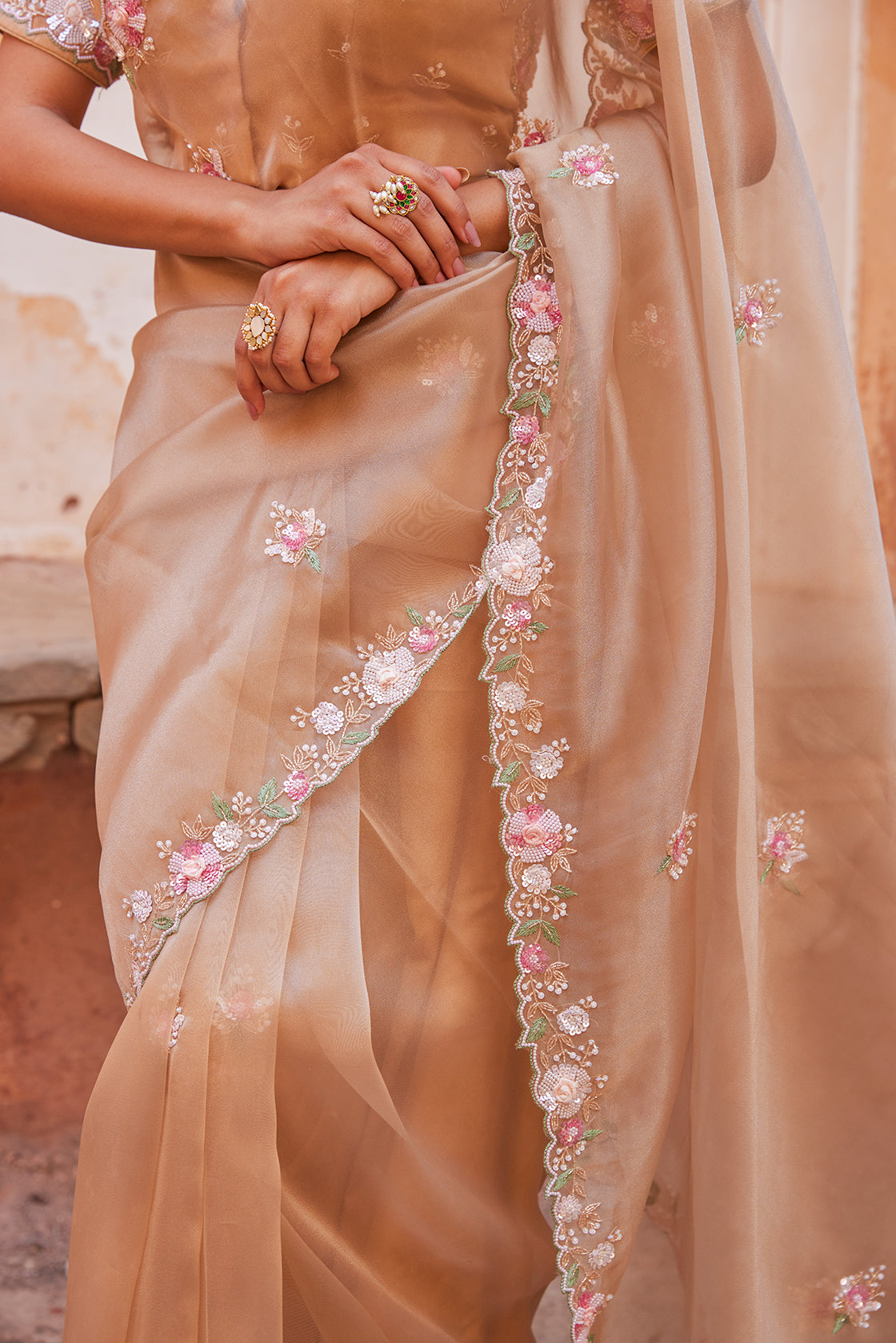 Antique Gold Pure Tissue Saree With Heavy Embroidered Blouse