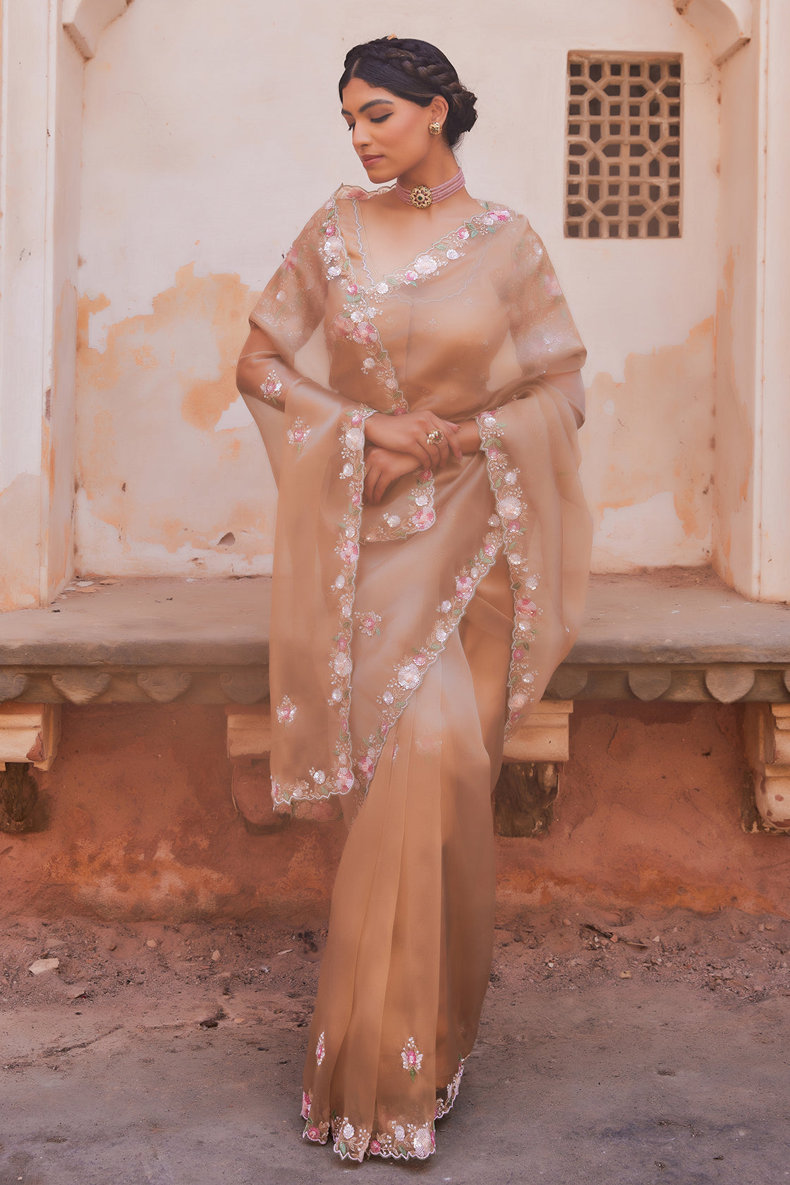 Antique Gold Pure Tissue Saree With Heavy Embroidered Blouse