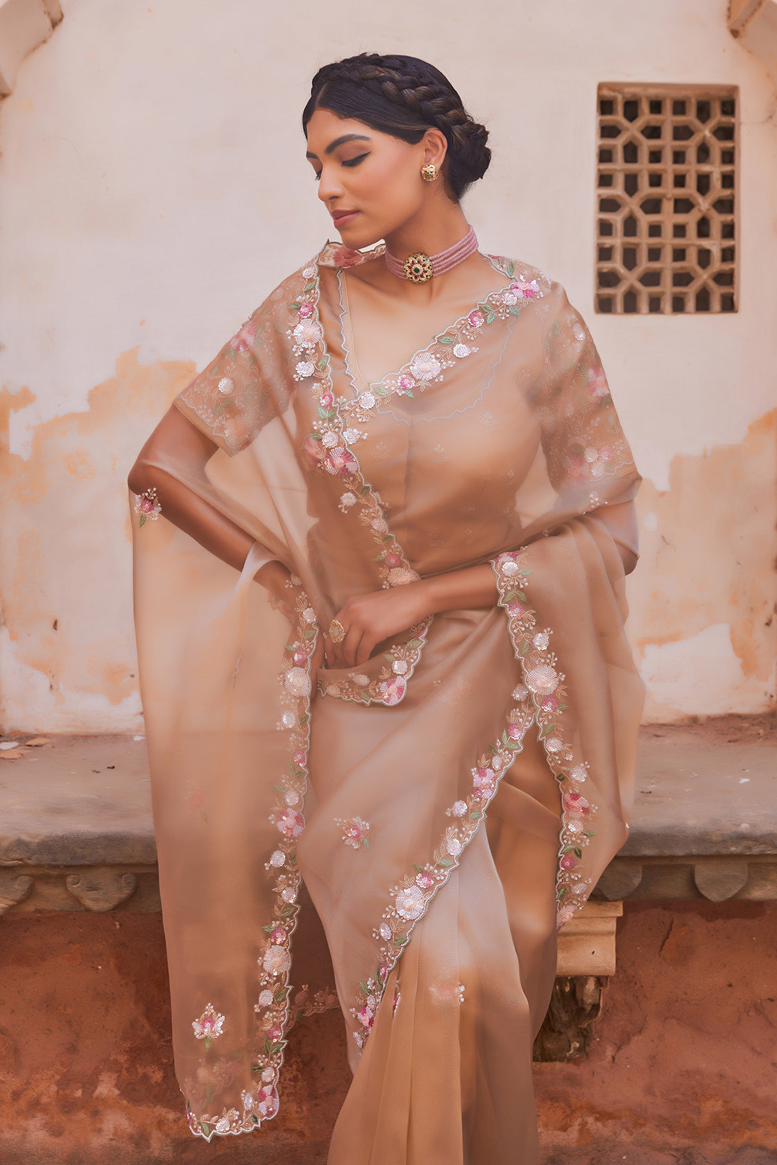 Antique Gold Pure Tissue Saree With Heavy Embroidered Blouse