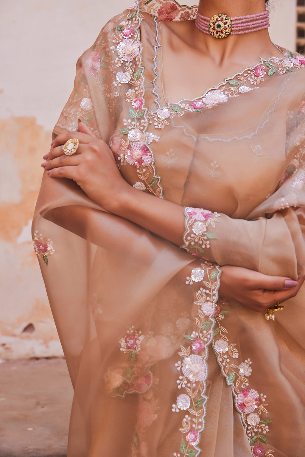 Antique Gold Pure Tissue Saree With Heavy Embroidered Blouse