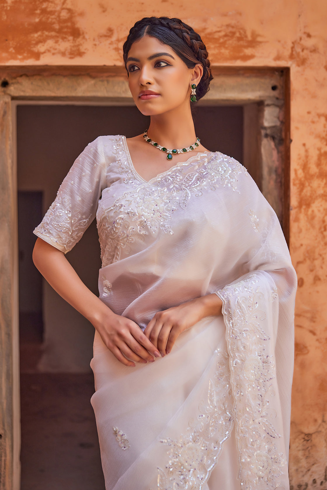 Delicate White Hand Embroidered Pure Tissue Saree