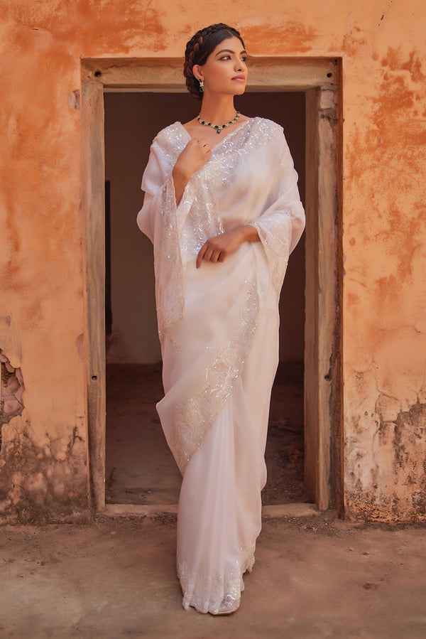 Delicate White Hand Embroidered Pure Tissue Saree