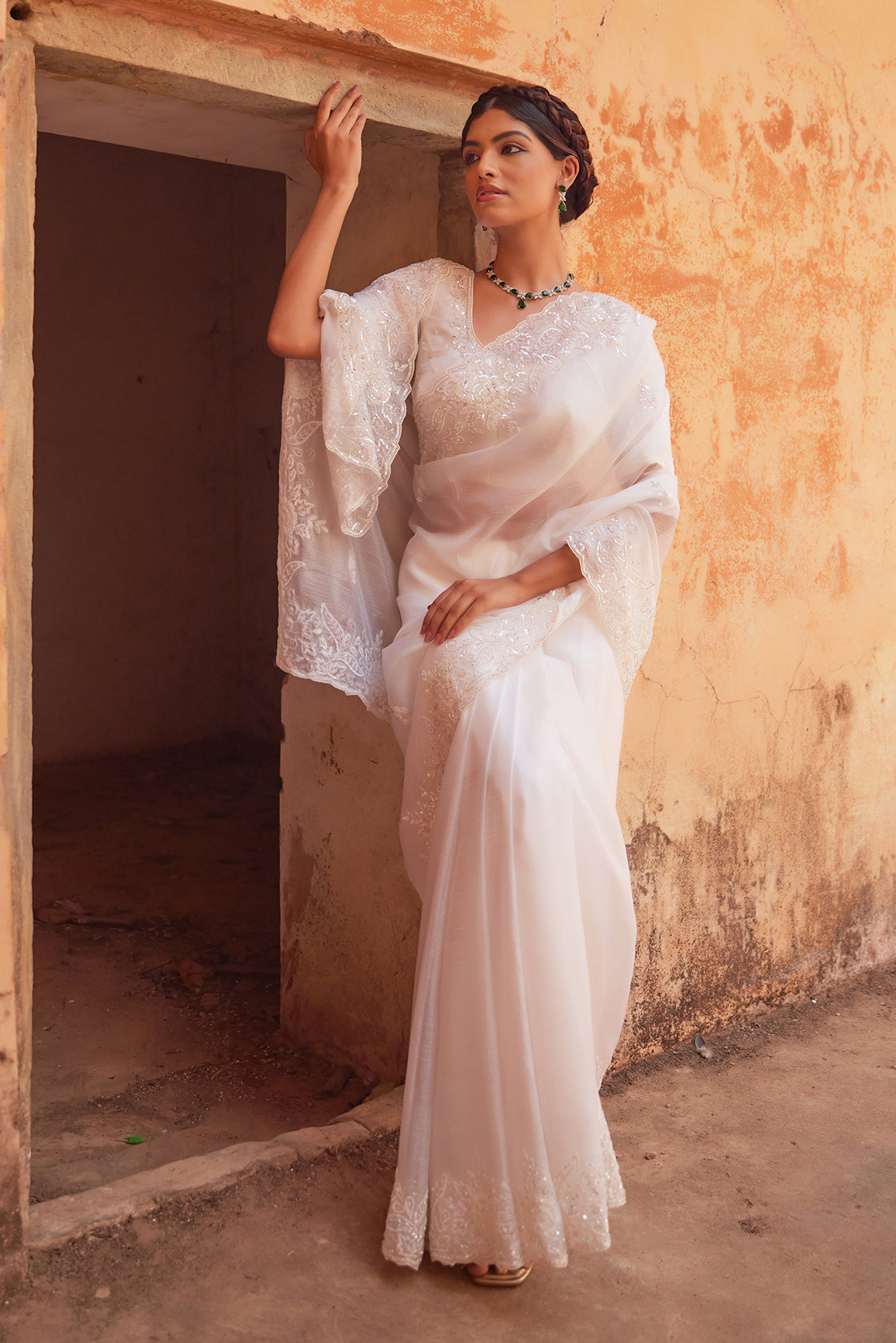 Delicate White Hand Embroidered Pure Tissue Saree